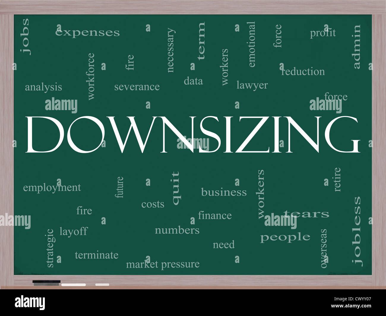 Downsizing Word Cloud Concept on a Blackboard with great terms such as fire, layoff, terminate, severance and more. Stock Photo