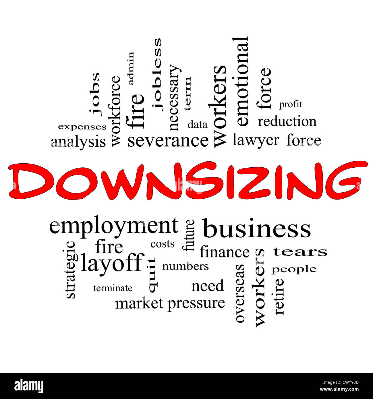 Downsizing Word Cloud Concept in red and black letters with great terms such as fire, layoff, terminate, severance and more. Stock Photo