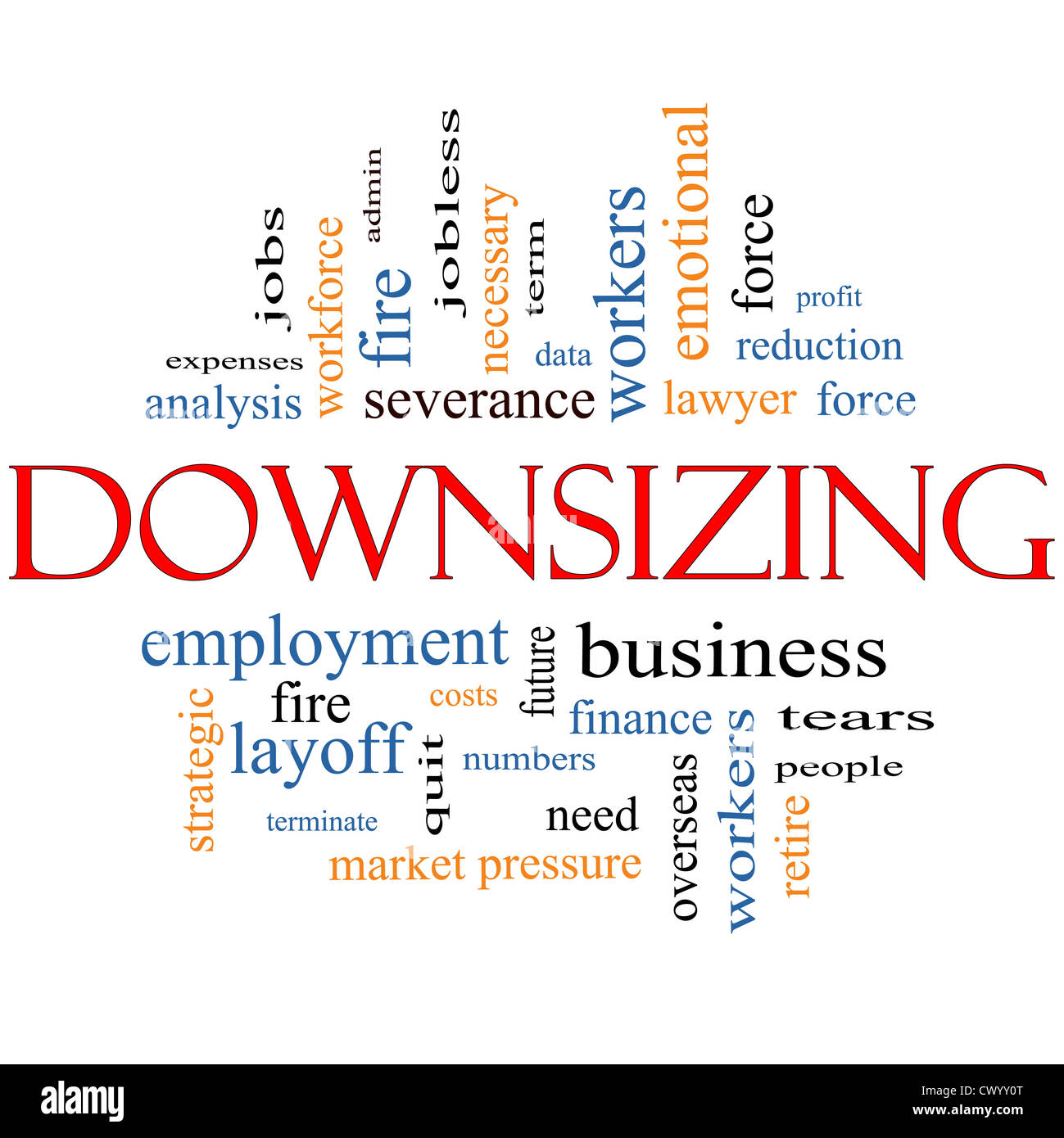 Downsizing Word Cloud Concept with great terms such as fire, layoff, terminate, severance and more. Stock Photo