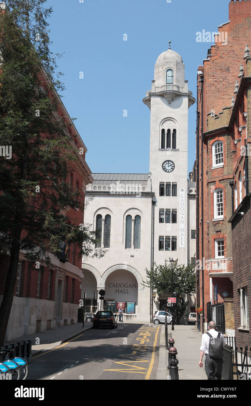 View along Sedding Street towards Cadogan Hall, home of the Royal Philharmonic Orchestra, Chelsea, London, UK. Stock Photo
