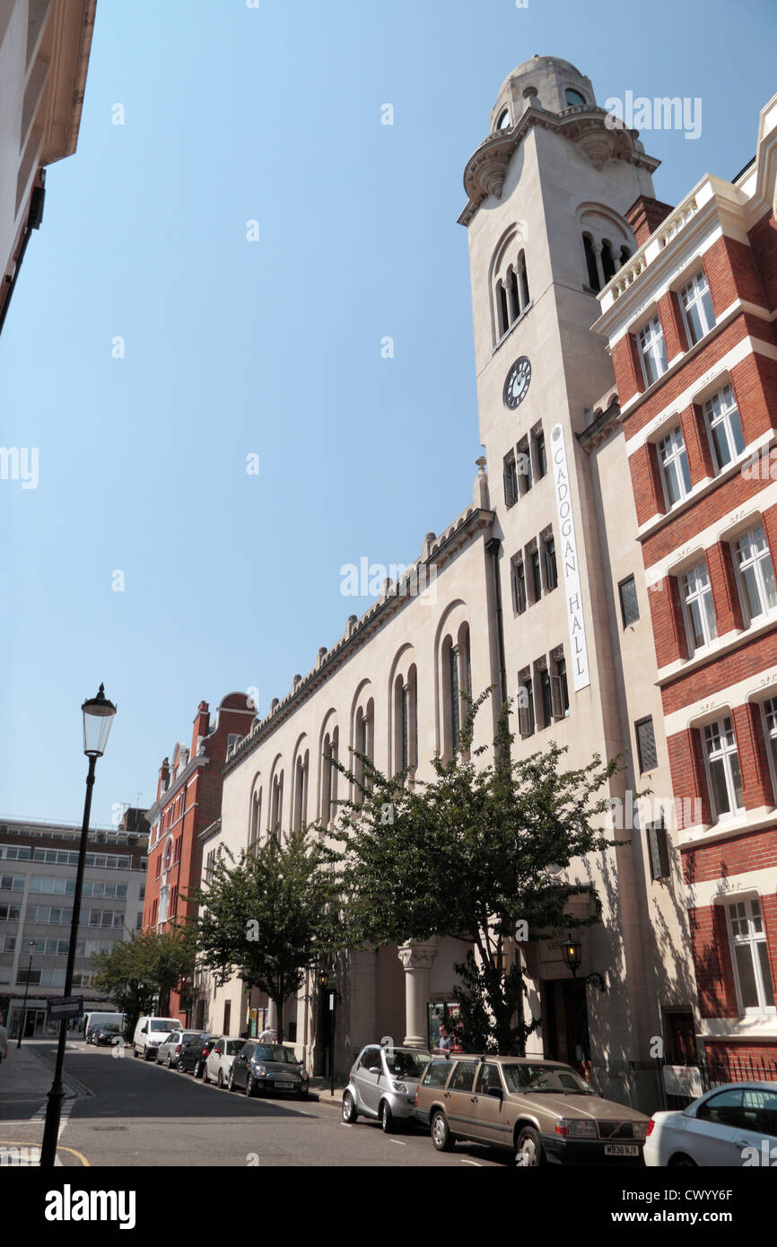 View along Sloane Terrace towards Cadogan Hall, home of the Royal Philharmonic Orchestra, Chelsea, London, UK. Stock Photo