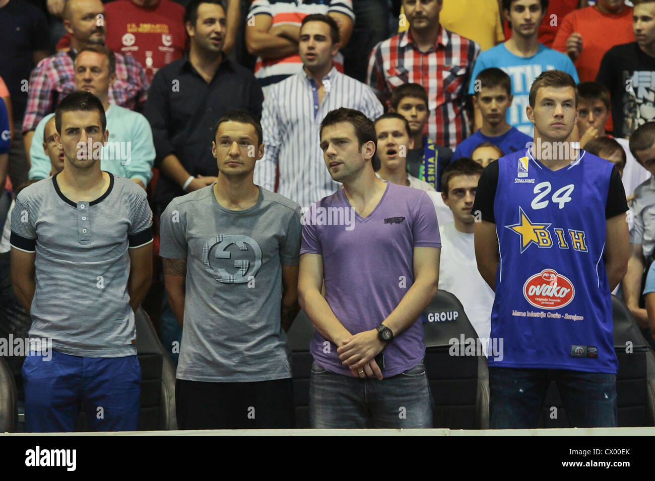 Bosnian football player Edin Dzeko (first from left) together with team mates Zvjezdan Misimovic, Sejad Salihovic and Stock Photo