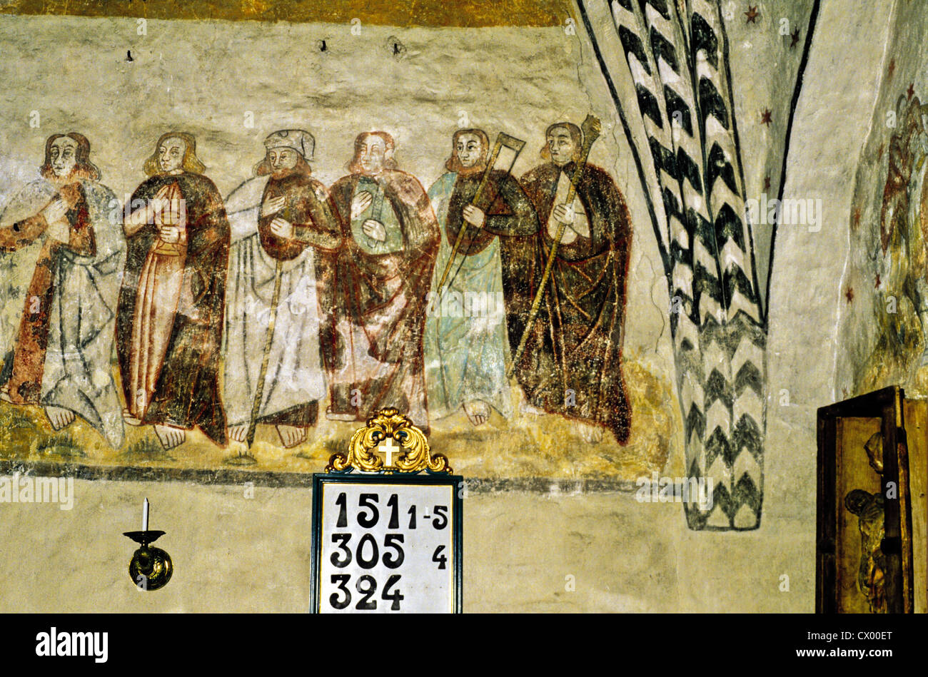 A partial view of a 16th century mural depicting the twelve apostles in the Church of St. James in Rymattyla, Finland Stock Photo