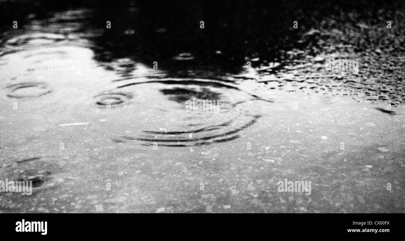 Black and white rain drops and puddle Stock Photo