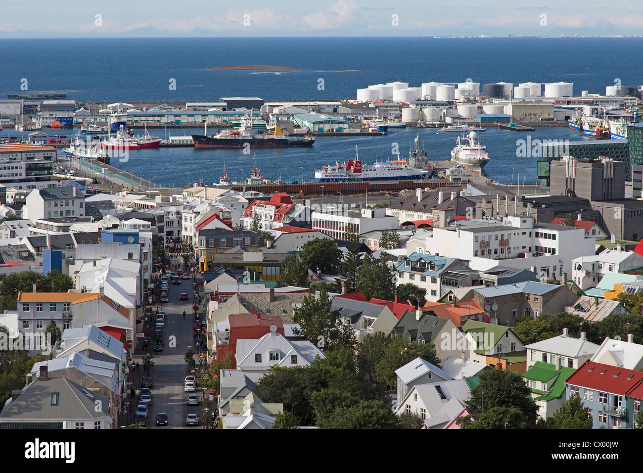 Aerial view of Reykjavik and harbour from the Hallgrimskirkja church tower. Stock Photo