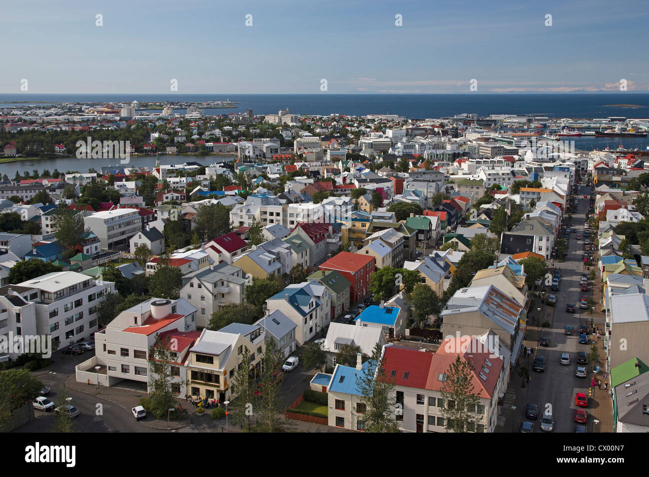 Aerial view of Reykjavik and harbour from the Hallgrimskirkja church tower. Stock Photo