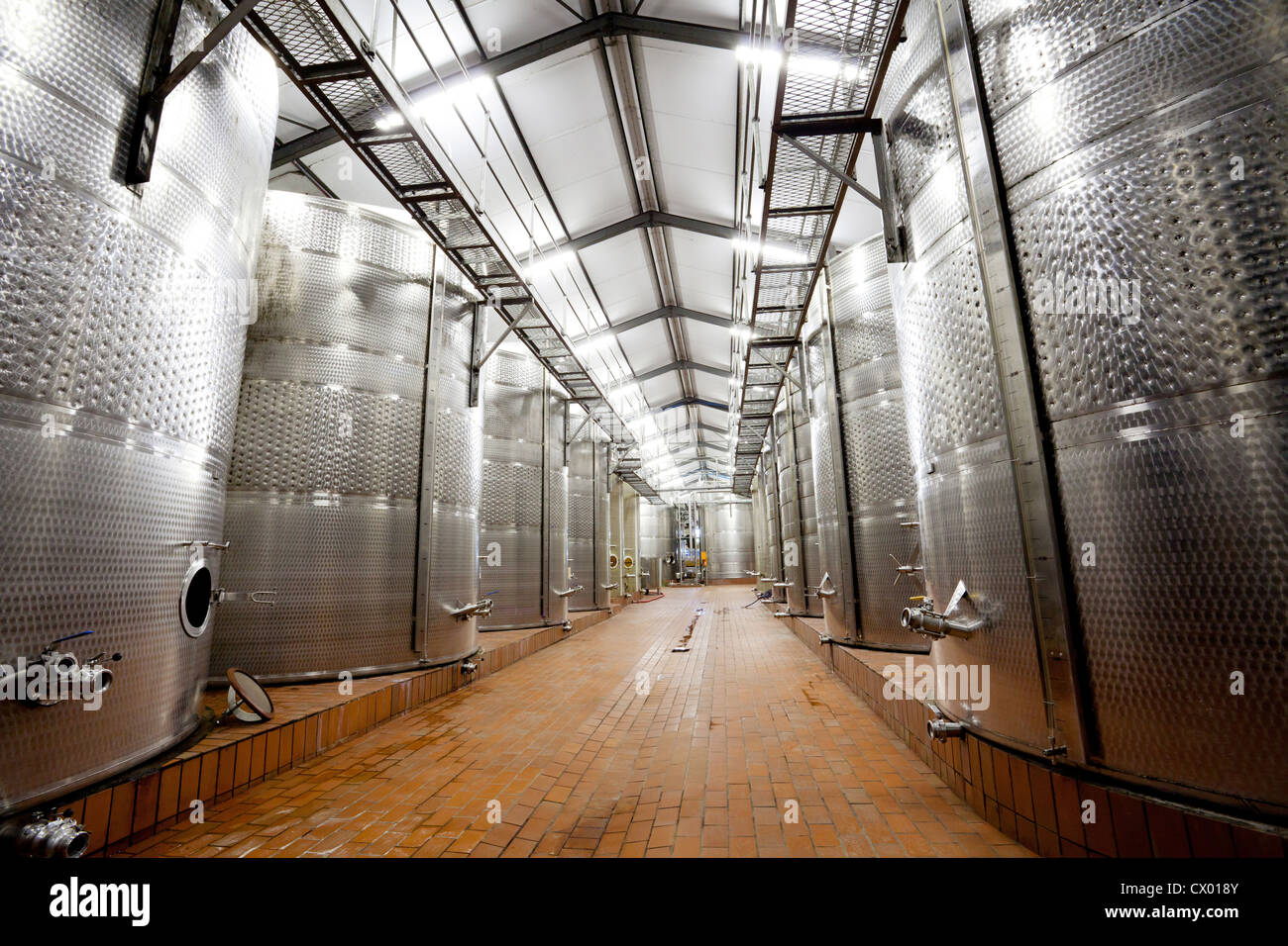 modern wine factory with large storage tanks Stock Photo