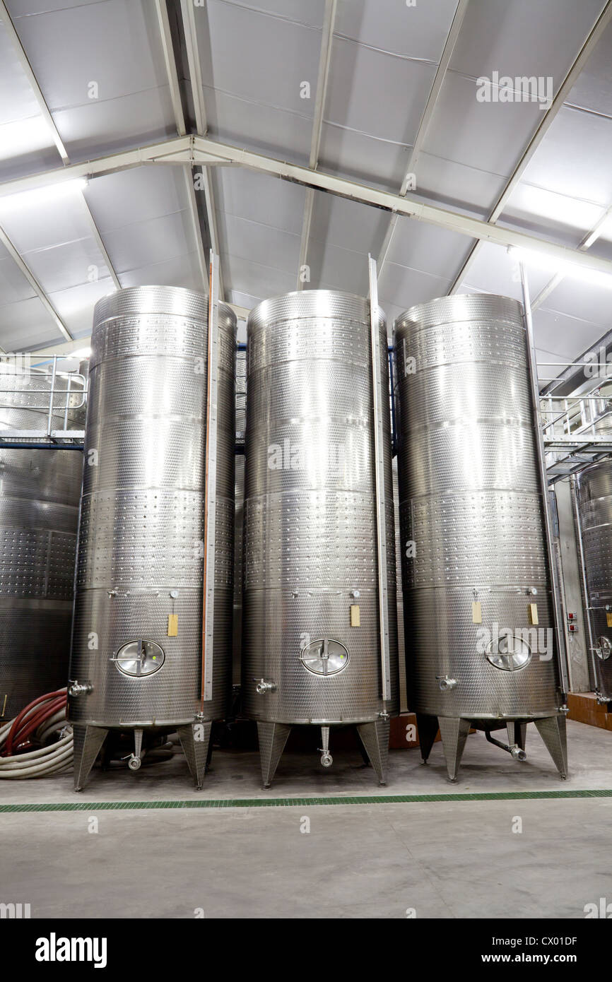 modern winery with large stainless steel storage barrels Stock Photo