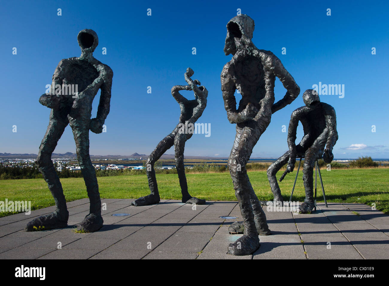 Sculpture of figures playing musical instruments, outside the Perlan, Reykjavik, Iceland Stock Photo