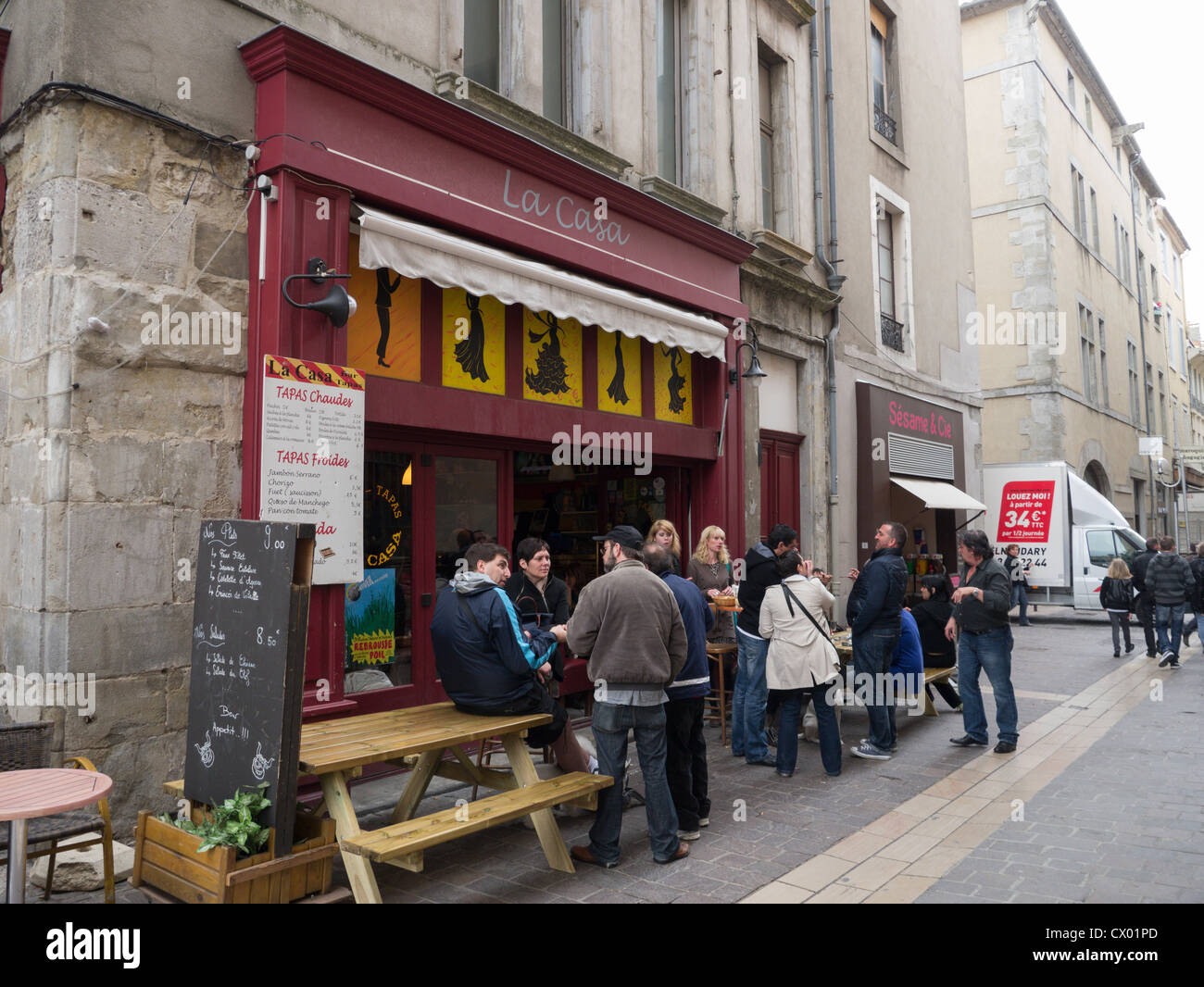 A typical French bar at lunchtime in central Carcassonne Aude Languedoc France Stock Photo
