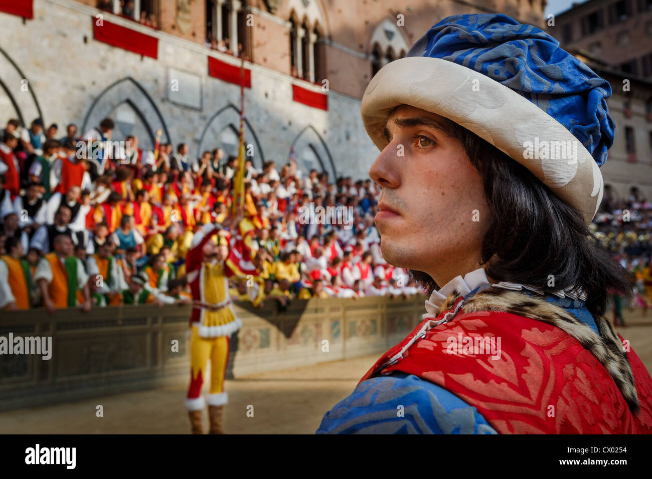 The pageant - the historic parade that takes place before the Palio horse race, Piazza del Campo, Siena, Italy Stock Photo