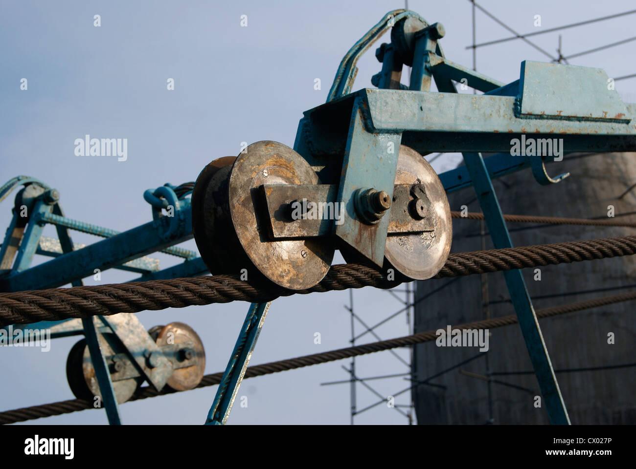 Rope and pulley in Tramway construction at Jadhayu Para in Kerala India Stock Photo