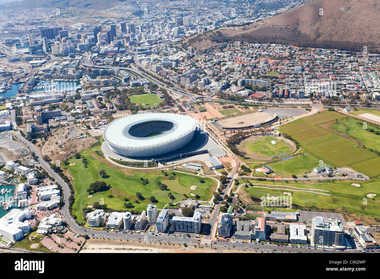 aerial view of green point stadium and downtown of Cape Town, South