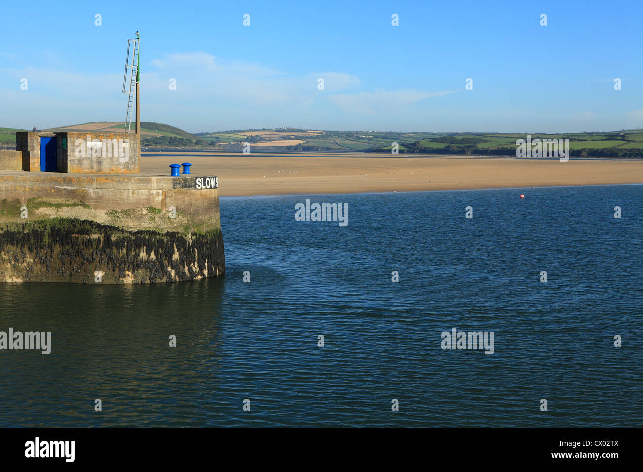 Padstow outer harbour entrance with Camel estuary, North Cornwall