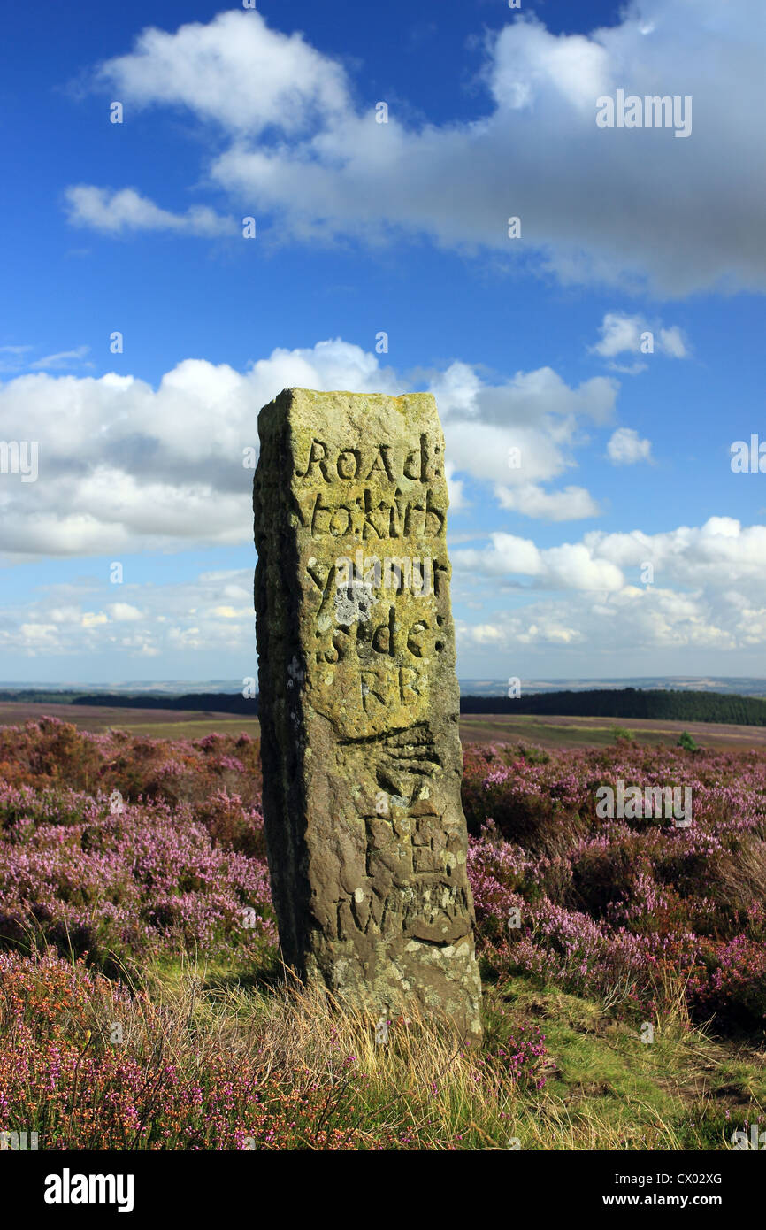 A stone signpost on the moors of the North York Moors National Park