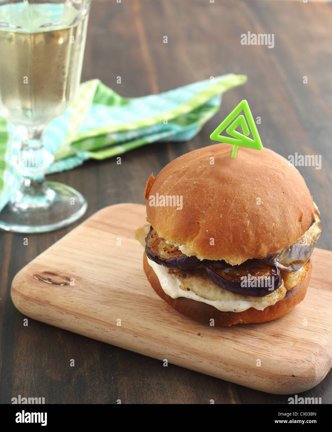 Sandwich with chicken, eggplant crisps and chipotle mayonnaise Stock Photo