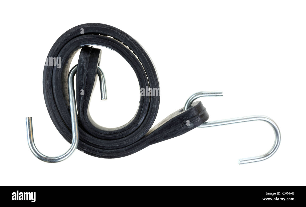 A new bungee cord with safety hooks wound tightly on a white background