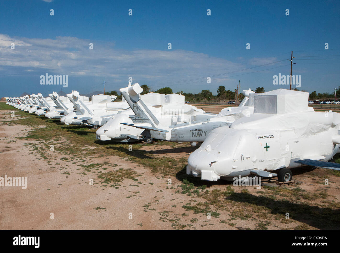 SH-60 Seahawk helicopters in storage at the 309th Aerospace Maintenance and Regeneration Group at Davis-Monthan Air Force Base. Stock Photo