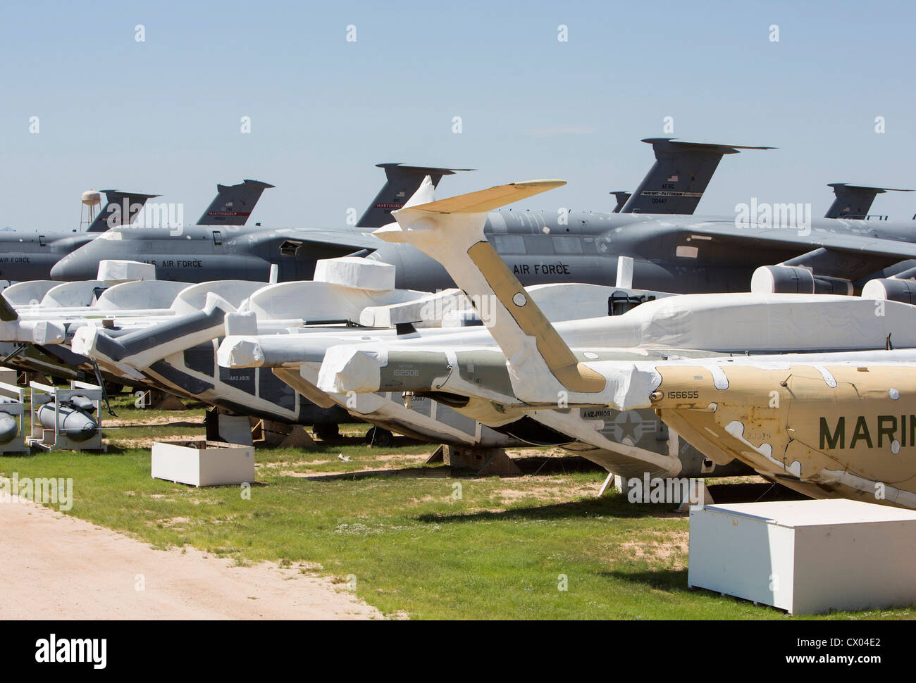 Military helicopters in storage at the 309th Aerospace Maintenance and Regeneration Group at Davis-Monthan Air Force Base. Stock Photo
