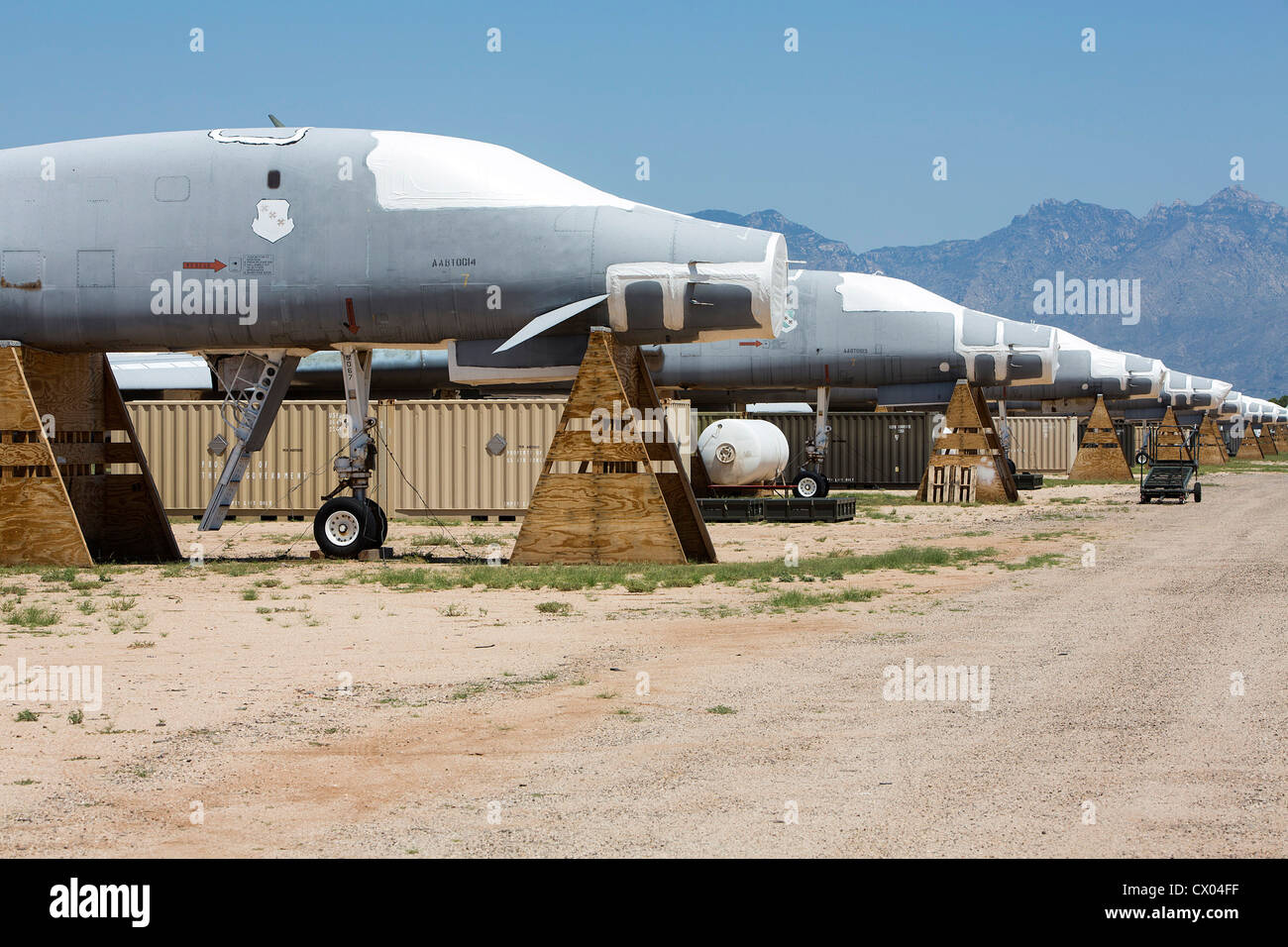 B-1 Lancer aircraft in storage at the 309th Aerospace Maintenance and Regeneration Group at Davis-Monthan Air Force Base. Stock Photo