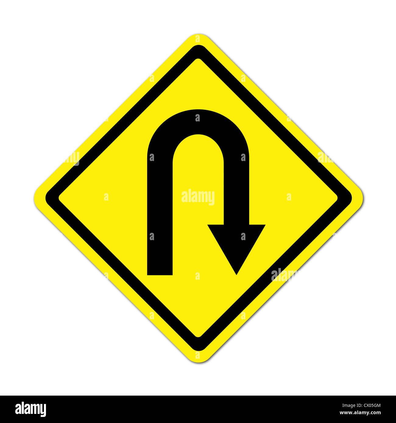 Yellow warning sign u-turn roadsign on white background Stock Photo - Alamy