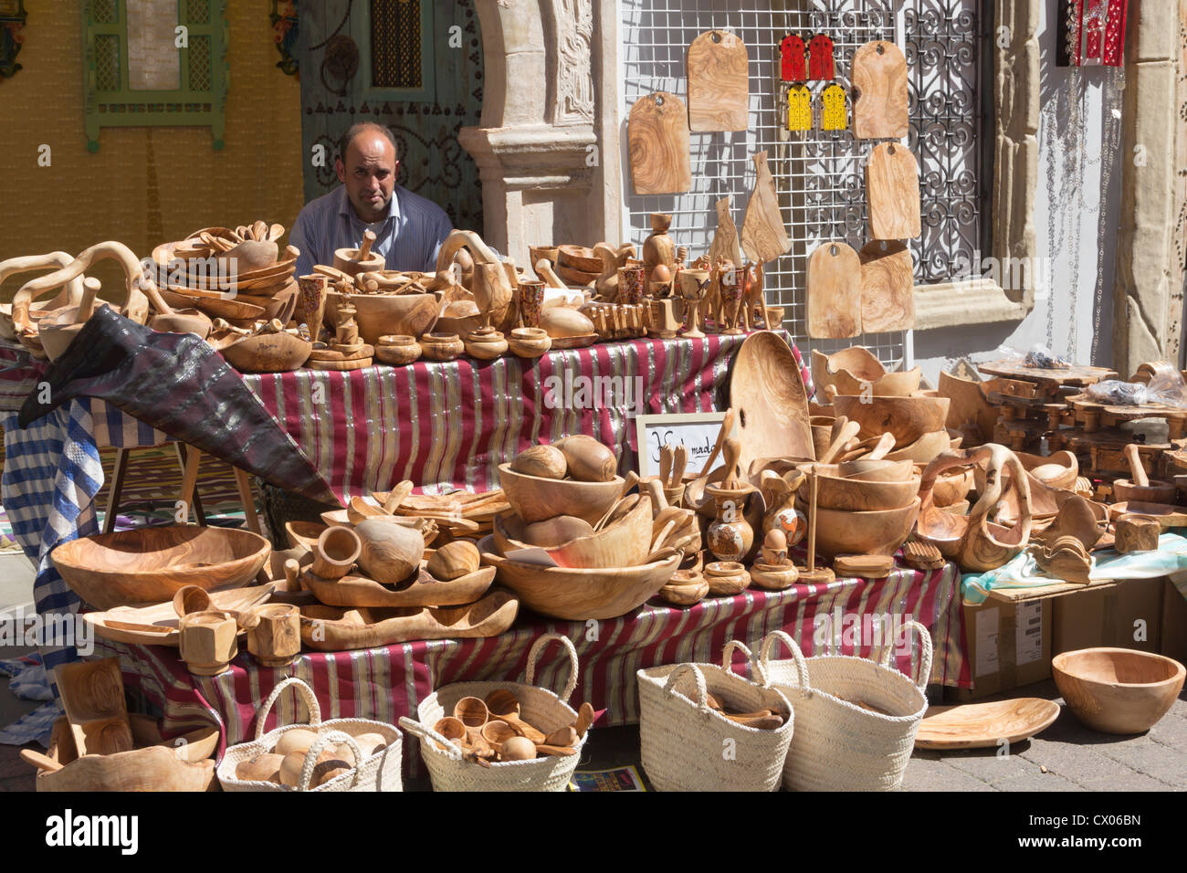 Handmade wooden dishes on a stall at a Tunisian tourism promotional street market in Manchester in May 2012. Stock Photo