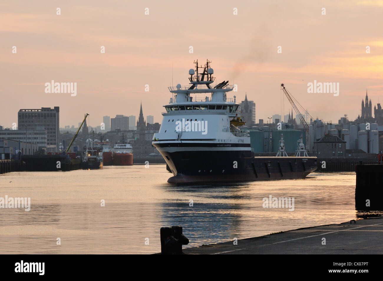 The multi purpose offshore vessel, Island Champion, shifting moorings in Aberdeen harbour in