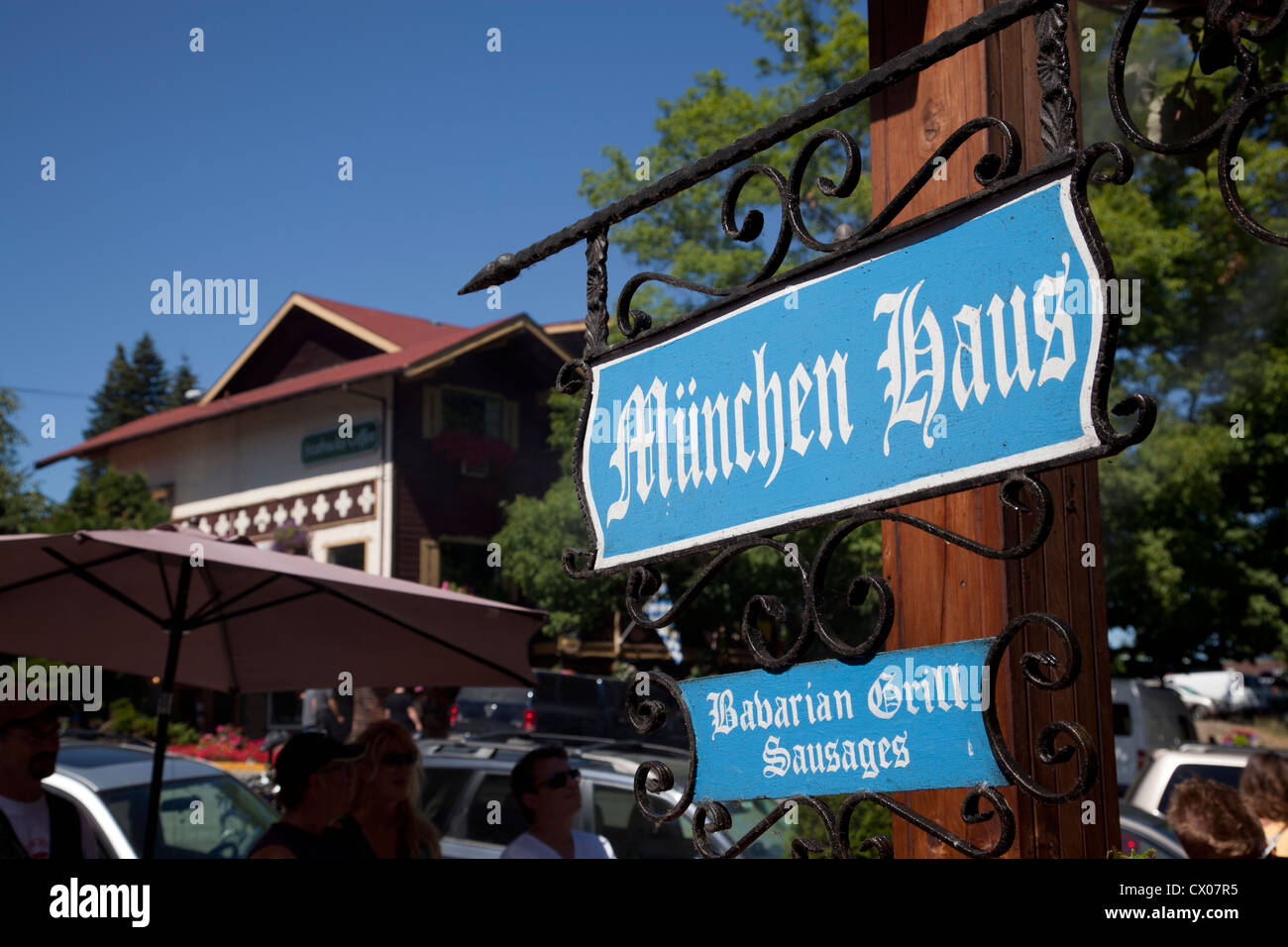 German signs in the Bavarian-style village of in Leavenworth, Washington, USA. Stock Photo