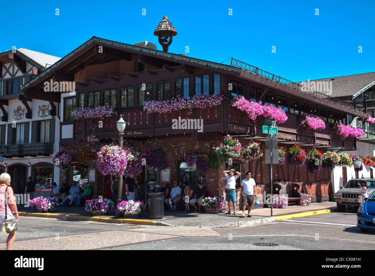 General view of Bavarian architecture in Leavenworth, Washington, USA. Stock Photo