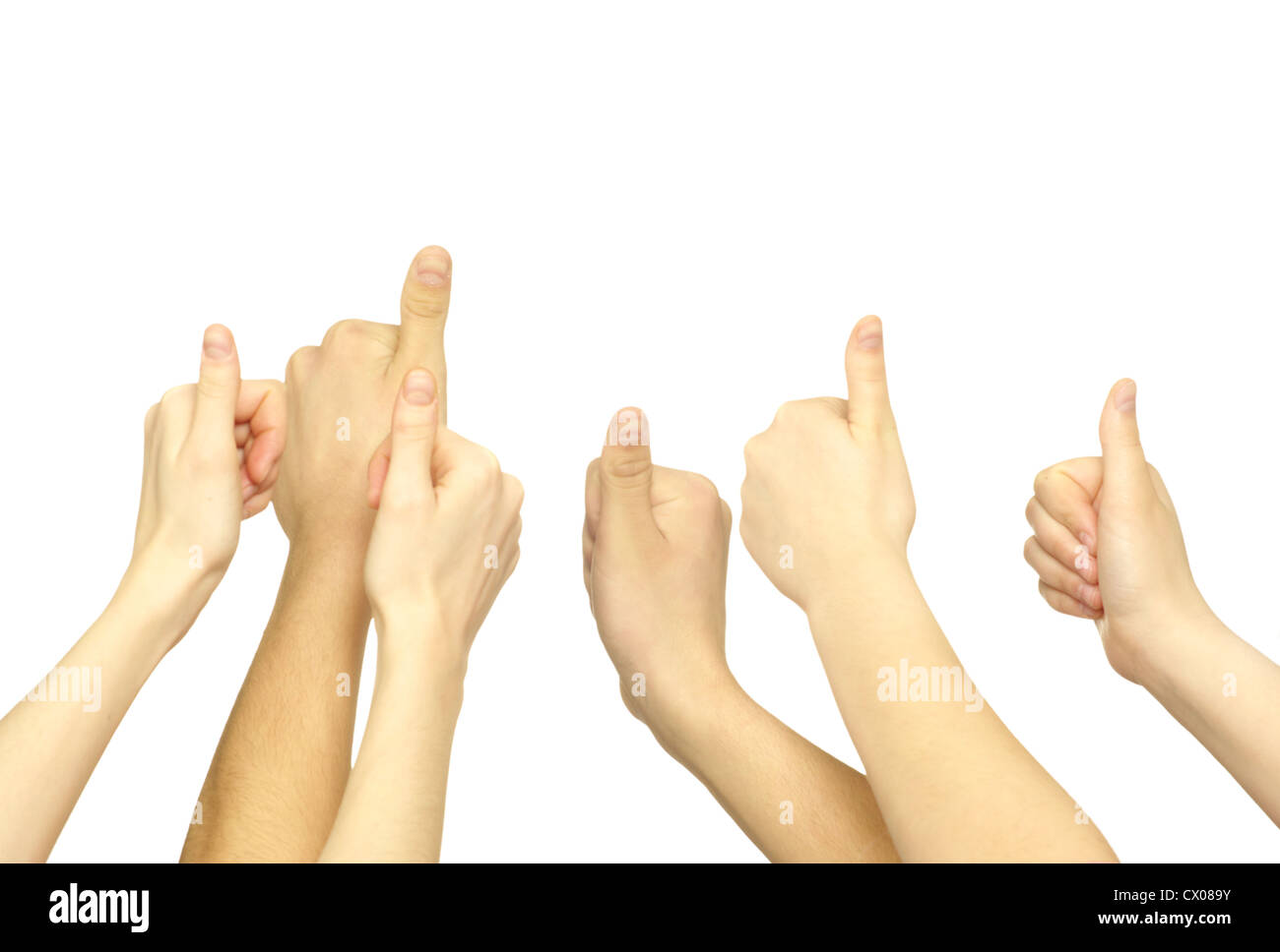 Many hand lifted up on white background Stock Photo