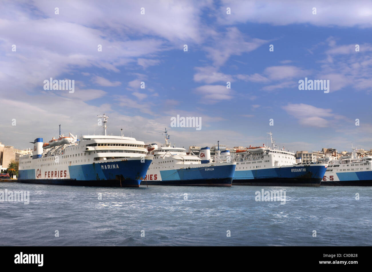Passenger ferries at the port of Piraeus in Athens Greece Stock Photo
