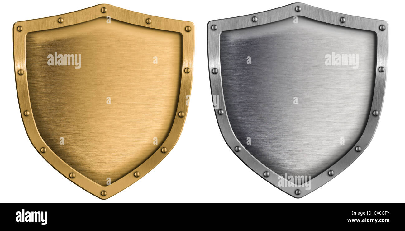metal shields set silver and gold isolated on white Stock Photo