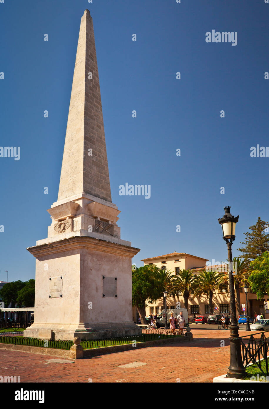 Obelisk monument, Placa d´es Born, Ciutadella. Stock Photo