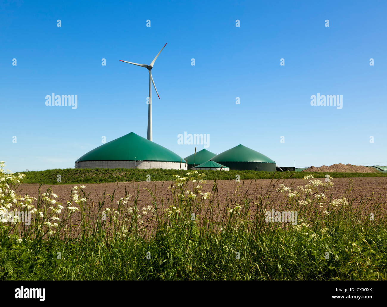 Biogas plant and wind turbine in rural Germany Stock Photo