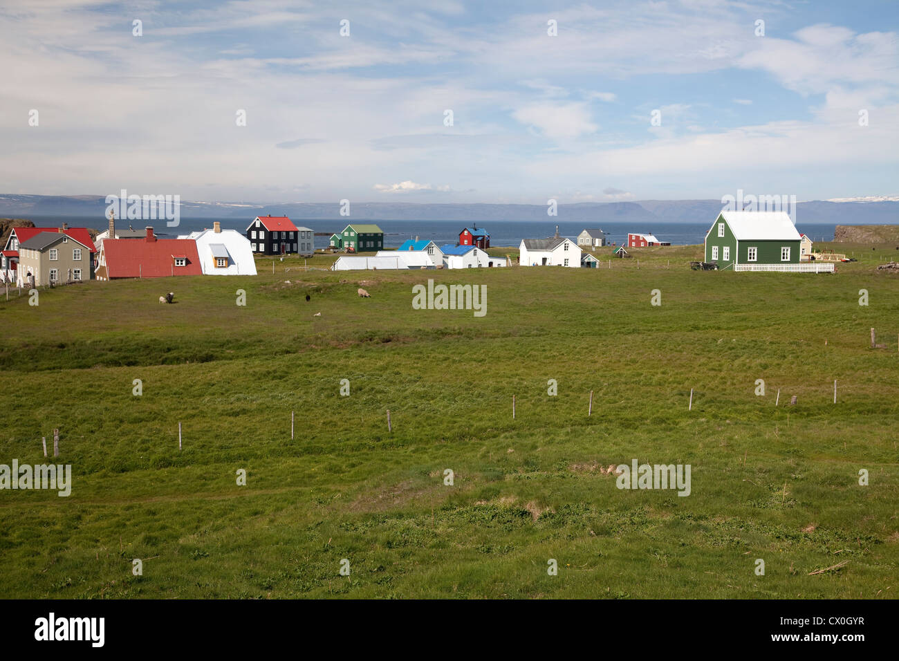 Houses hotels and dwellings on Flatey Island Iceland Stock Photo