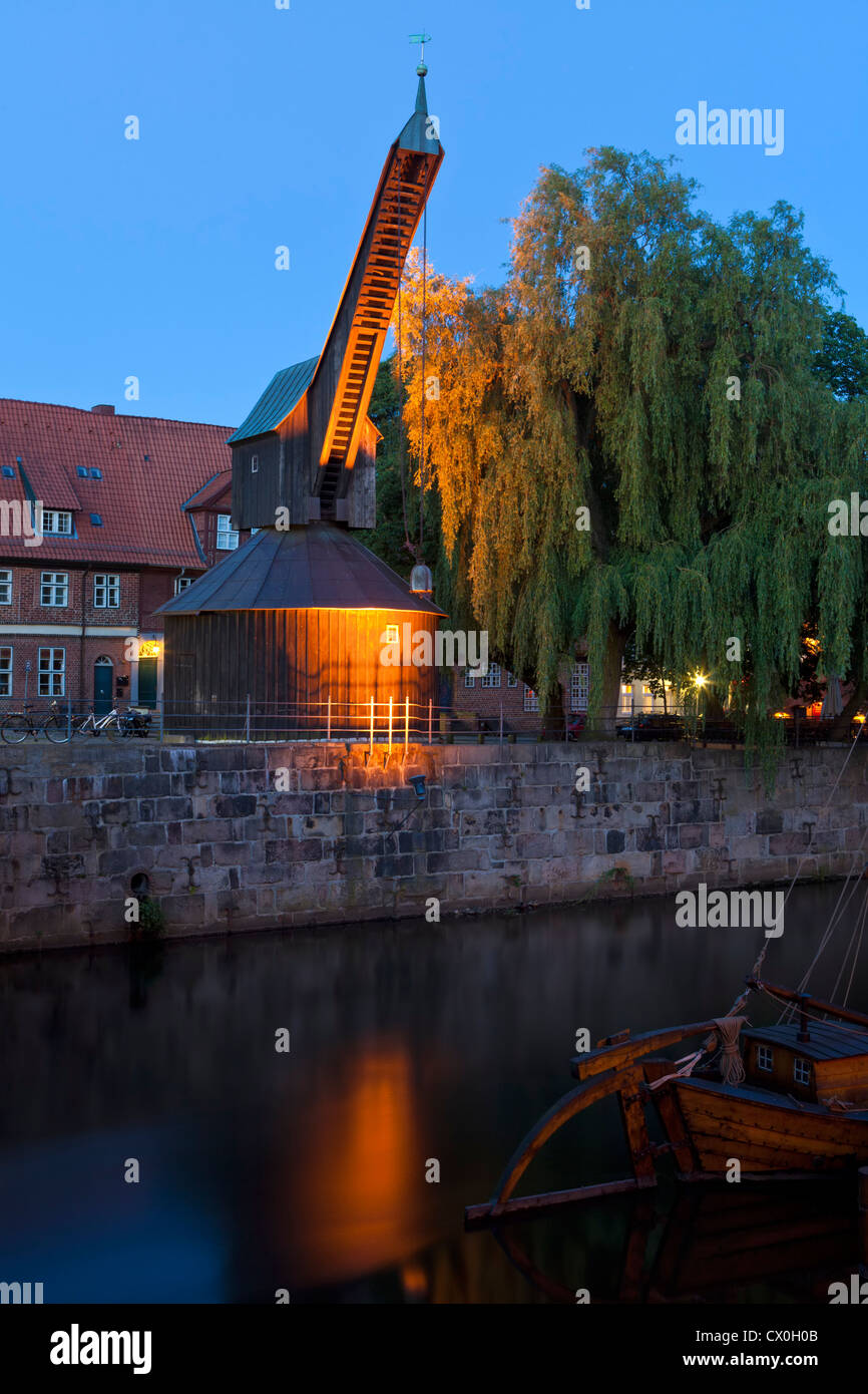 The wooden treadwheel crane at the historic harbor of Lüneburg Stock Photo