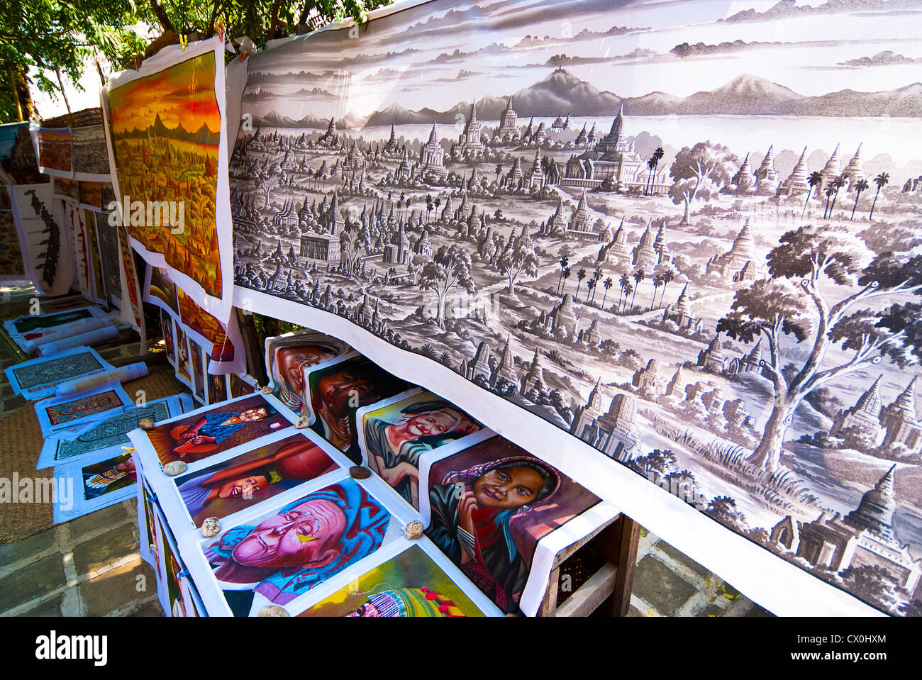 Sand paintings for sale outside a temple in Bagan, Myanmar Stock Photo