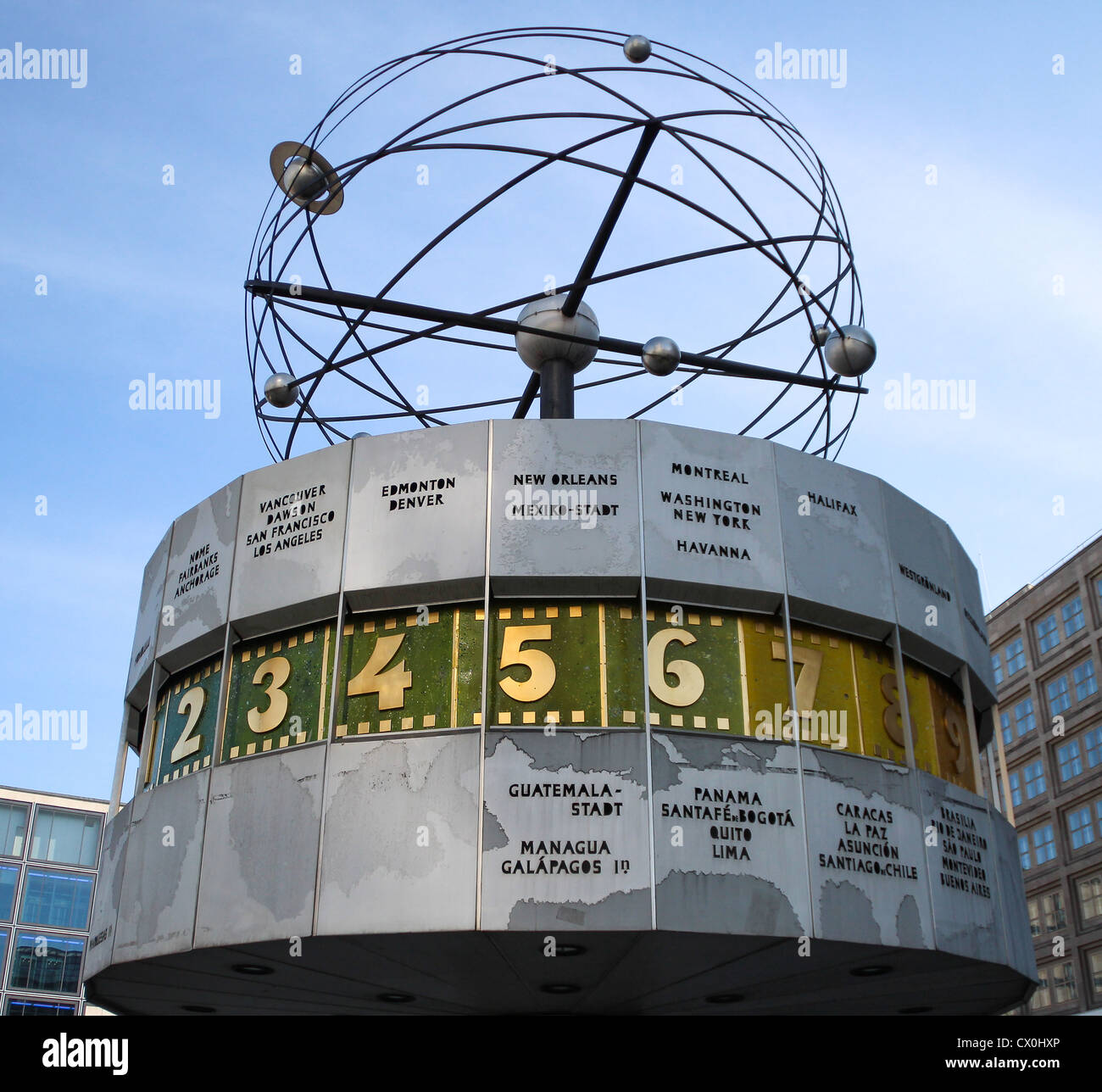 The clock in the world built by Eric John to Alexanderplatz in Berlin, Germany Stock Photo