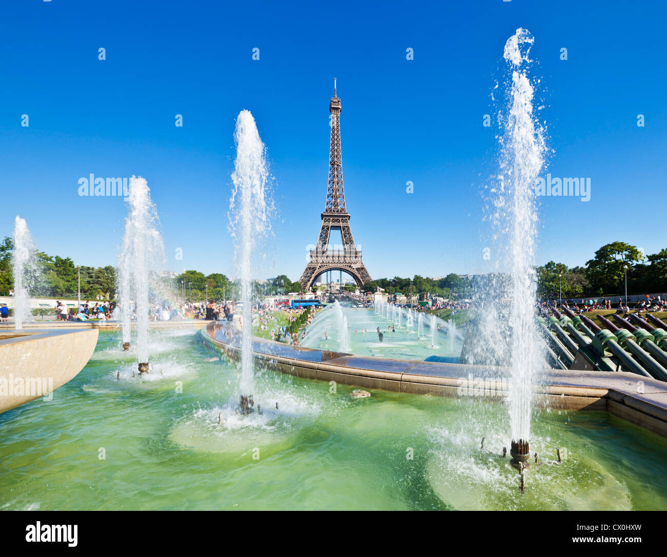 Paris skyline Eiffel tower with trocadero fountains France EU Europe Stock Photo