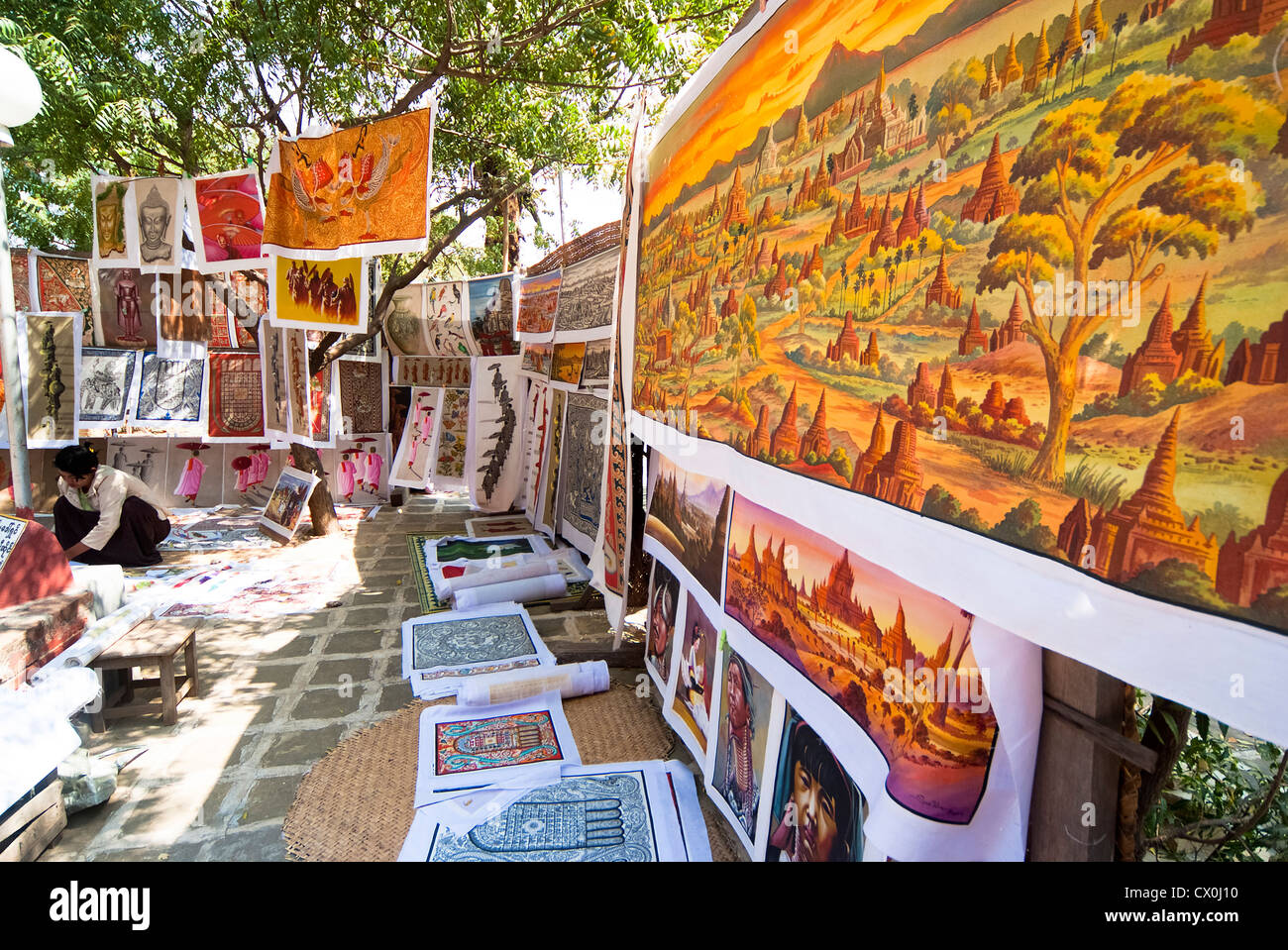Sand paintings for sale outside a temple in Bagan, Myanmar Stock Photo