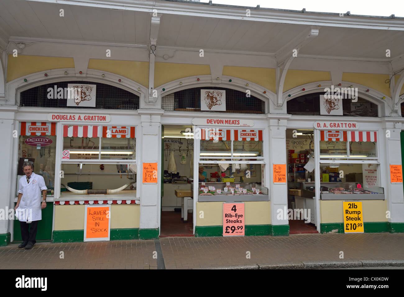 Devon Meats butcher's shop, Butchers' Row, Barnstaple, Devon, England