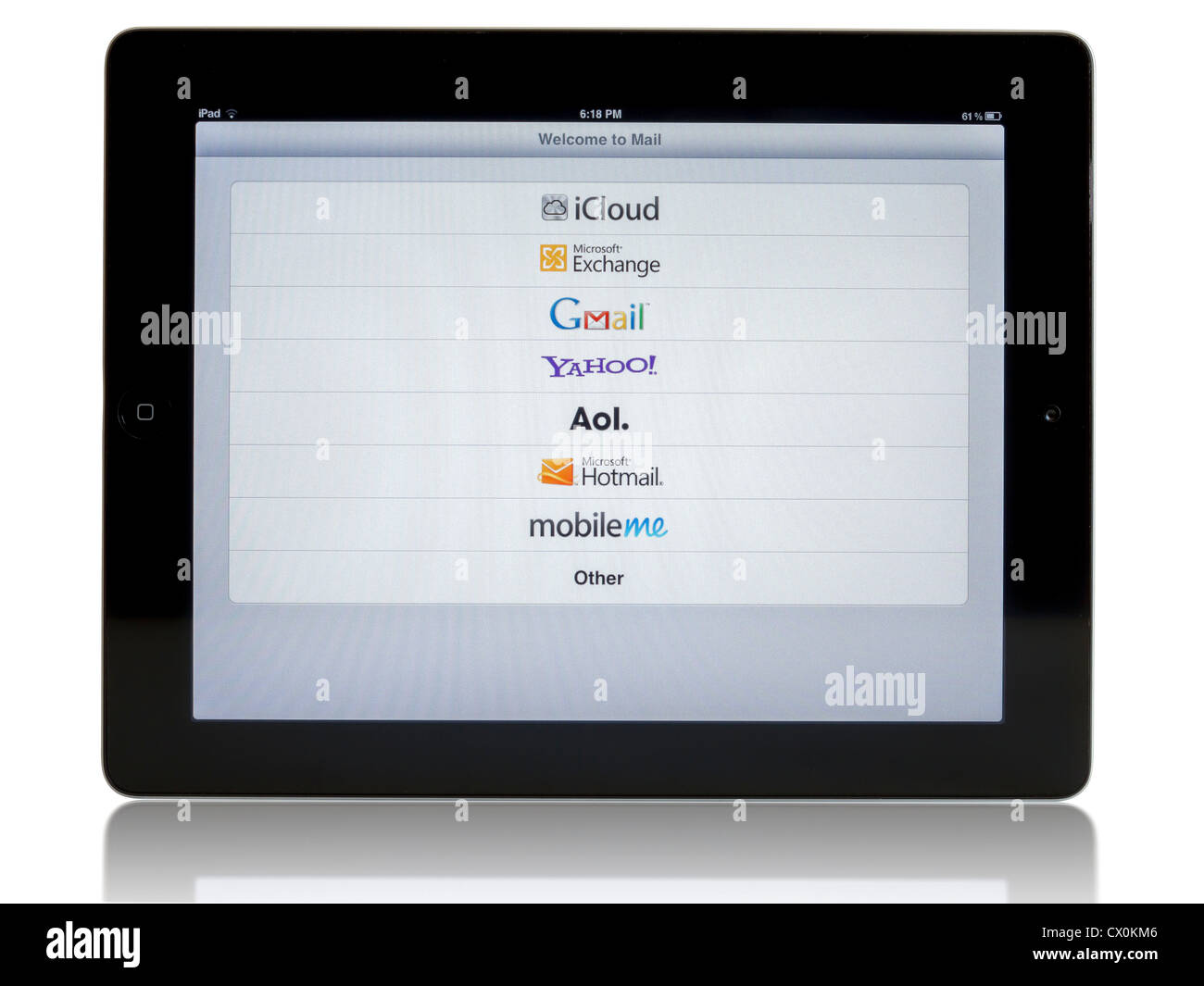 Ipad 3 with connection networks: Gmail, AOL, Yahoo, iCloud on white background Stock Photo