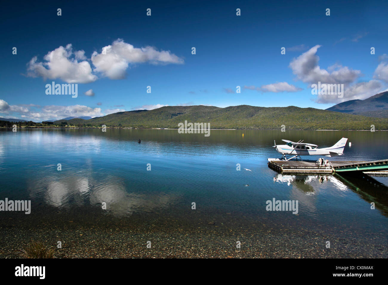 Flying boat on the Lake Te Anau, South island, New Zealand Stock Photo
