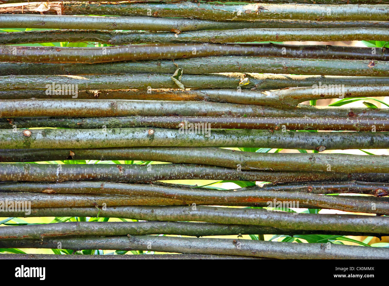 Wooden fence made from branches, natural Stock Photo