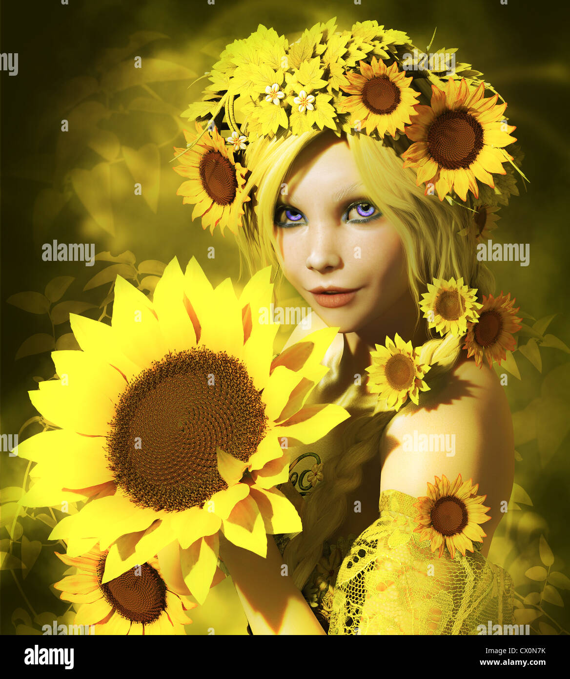 a portrait of a young girl with sunflowers Stock Photo - Alamy