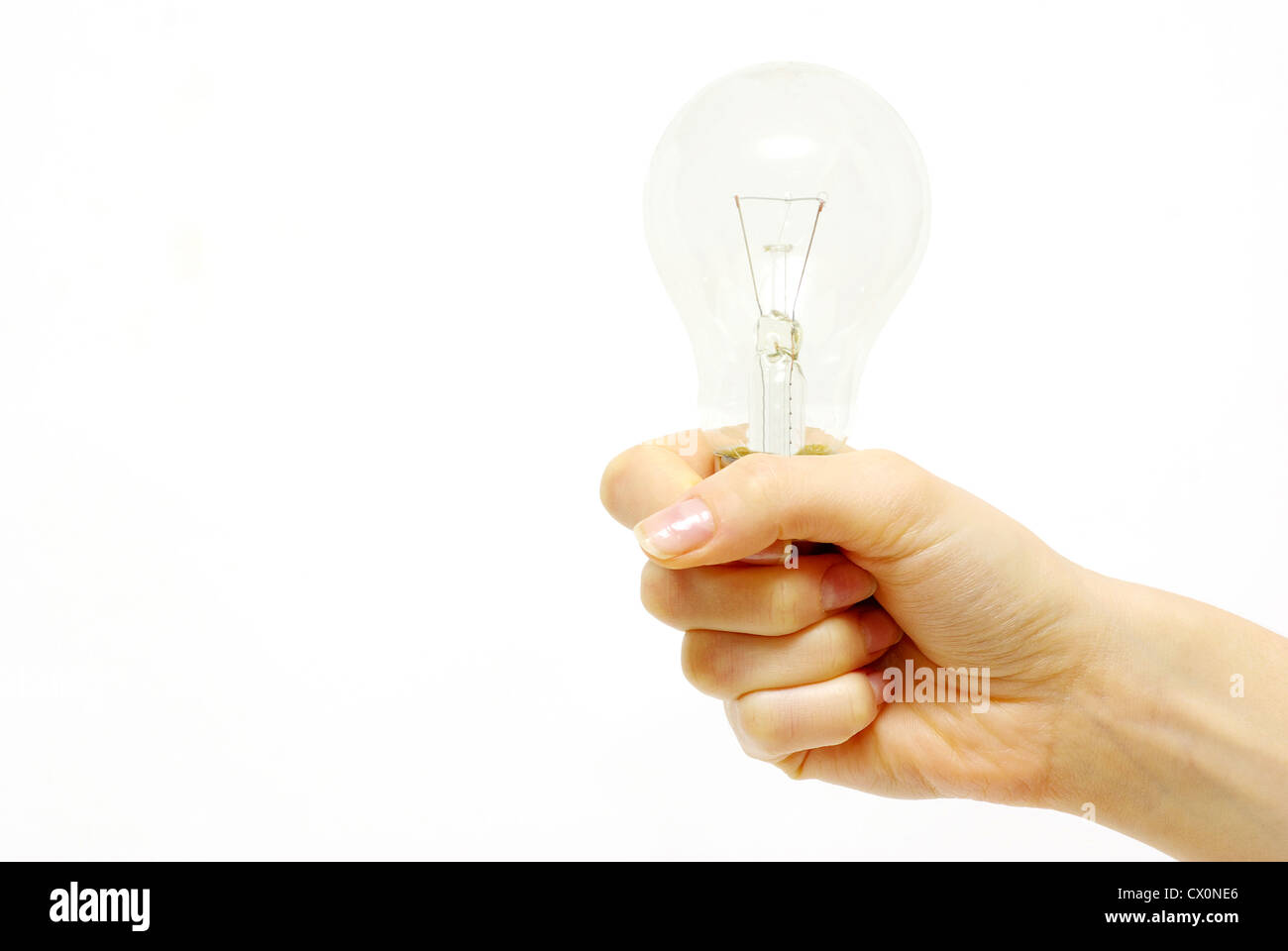 Female hand holding bulb isolated on white background Stock Photo