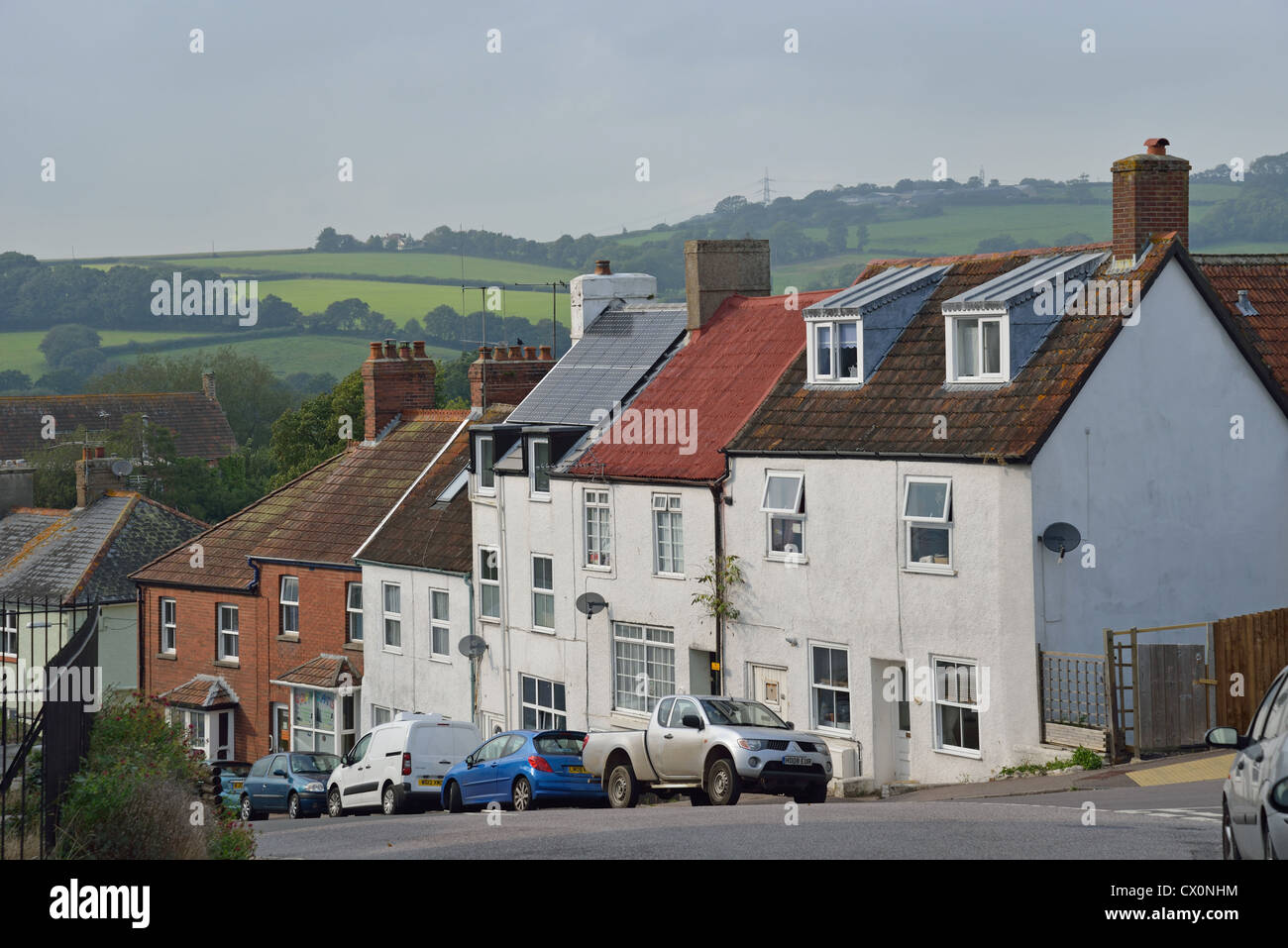 Period cottages and countryside, Castle Hill, Axminster, Devon, England, United Kingdom Stock
