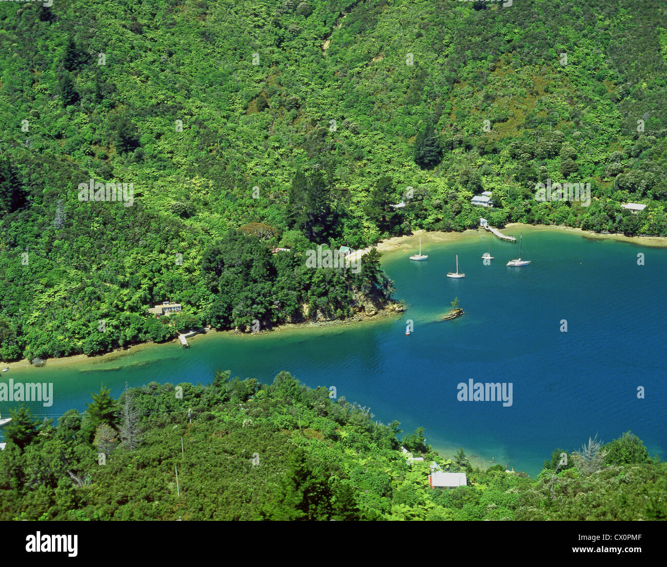 Aerial view of Double Bay in Queen Charlotte Sound, Marlborough Sounds