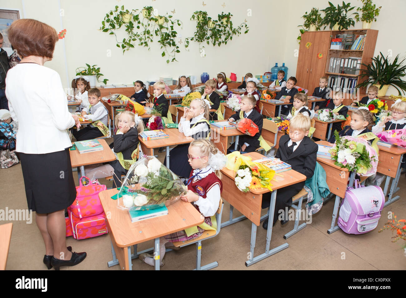 Children Caucasians sit in classroom during the lesson in Russian ...