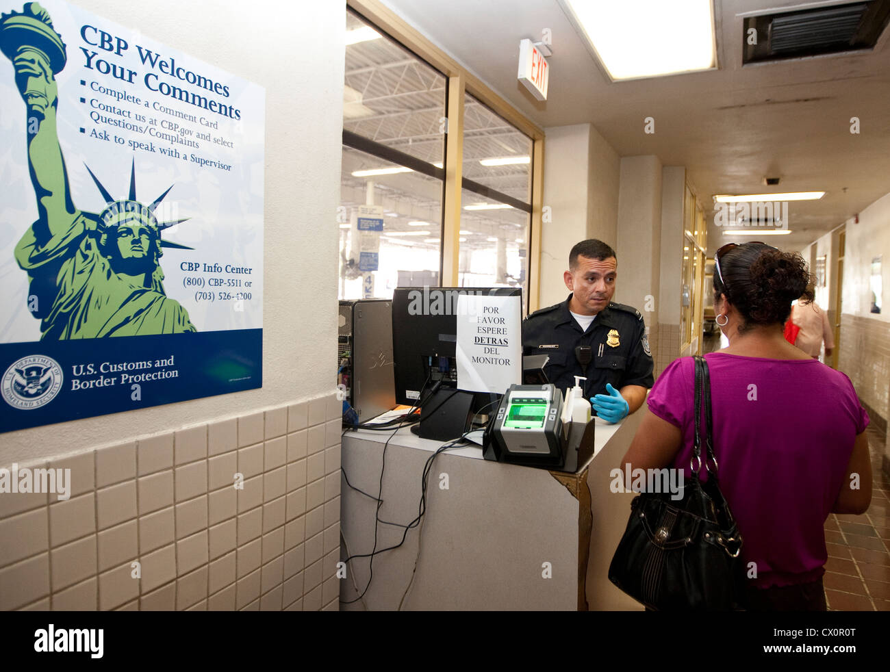 US Customs and Border Protection officers attend to ask for documentation and immigration status to people coming into the US Stock Photo